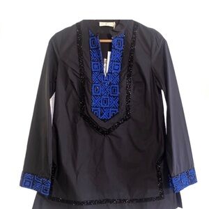 Tory Burch Black and Blue Embroidered Tunic Top size 6